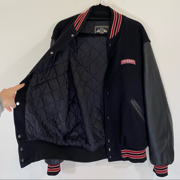 Vintage Smirnoff Vodka Leather Sleeve Varsity Letterman Bomber Jacket Red Large - Picture 5 of 8